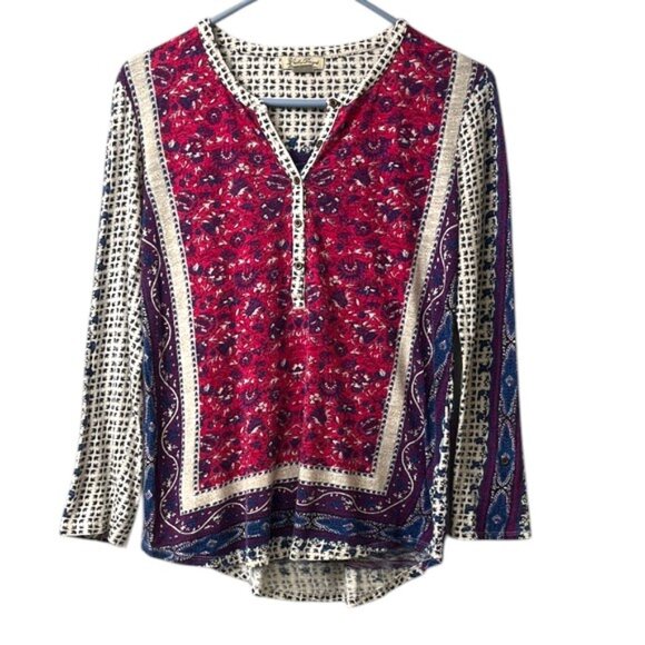 Lucky Brand Hot Pink Purple Boho Printed Long Sleeve Henley Tee - Picture 1 of 8